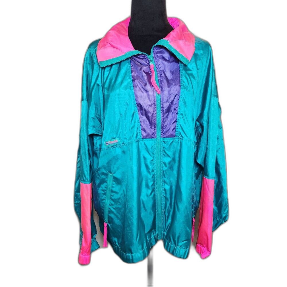 Columbia XL Colorblock Windbreaker Jacket Neon Pink Teal Purple 80/90's Vintage